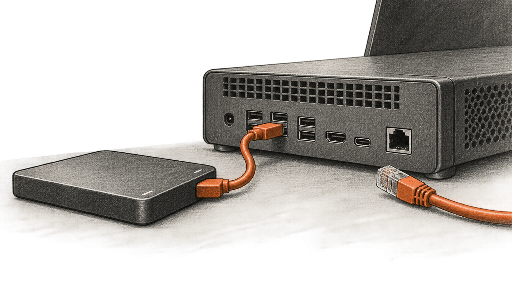 Conceptual charcoal illustration of a small computer with an external drive connected and a network cable lying unplugged beside its port.