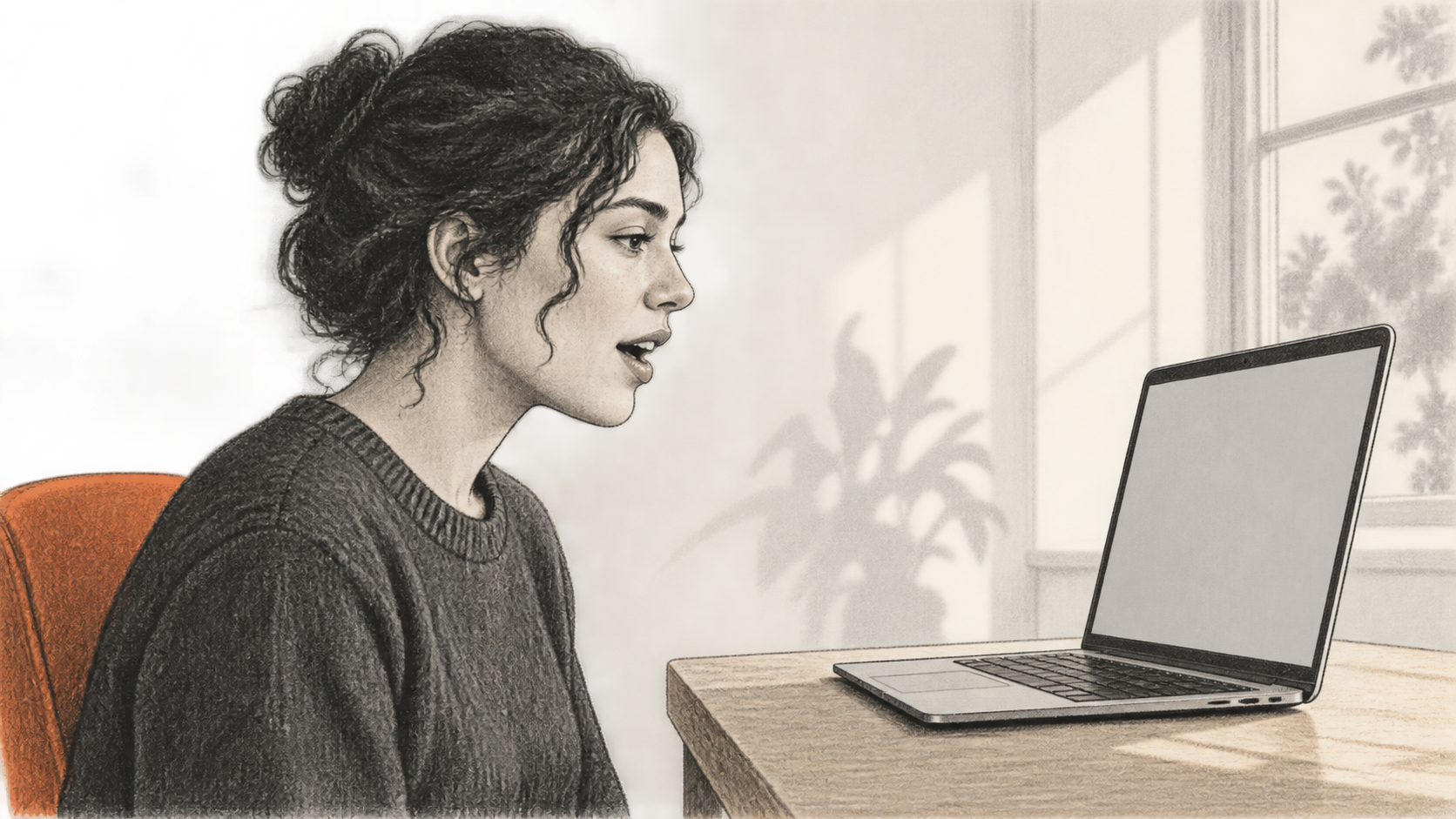 Conceptual charcoal illustration of one person speaking toward an unbranded laptop with a blank screen; the keyboard is untouched.