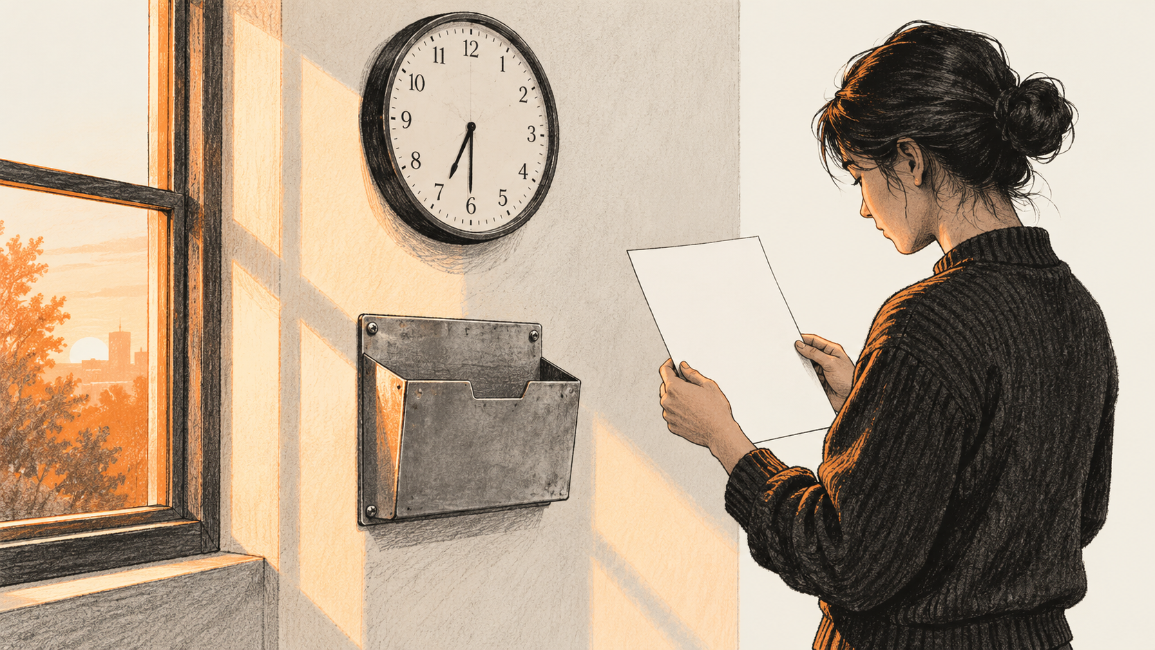 Conceptual charcoal illustration of one reviewer reading a blank sheet beside a wall-mounted document pocket and analog clock in morning light.