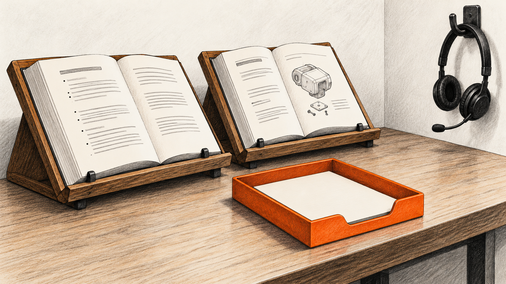 Conceptual charcoal illustration of two separate open reference volumes above a blank draft held in an orange review tray, with an unused support headset nearby.