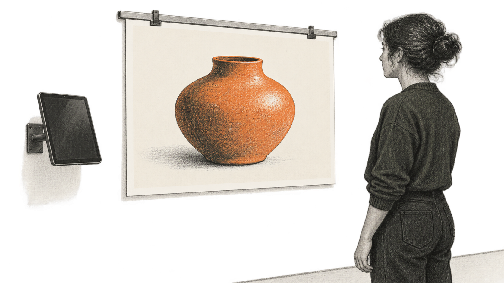 A person studies a large illustration of an orange ceramic vessel mounted on a wall, beside a blank tablet on a separate wall bracket.