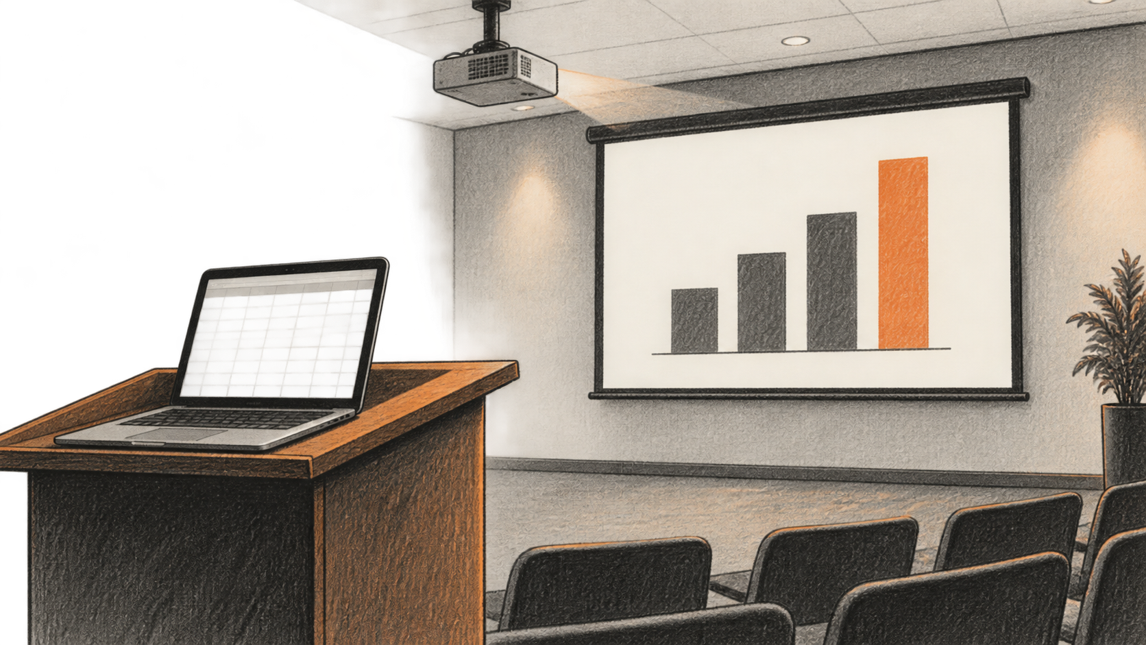 Conceptual charcoal illustration of an empty presentation room: a laptop with a blank cell grid on a lectern faces a projected unlabeled bar chart.