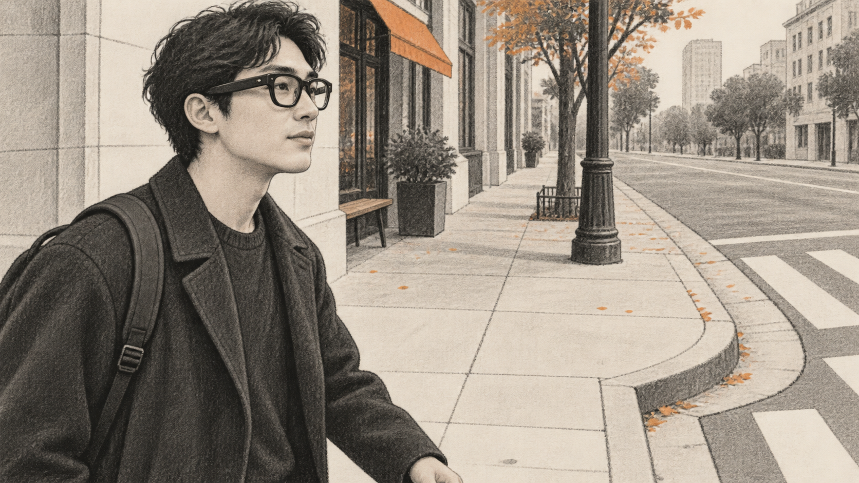 Illustrative charcoal drawing of one pedestrian in unbranded dark glasses at an empty city sidewalk corner.
