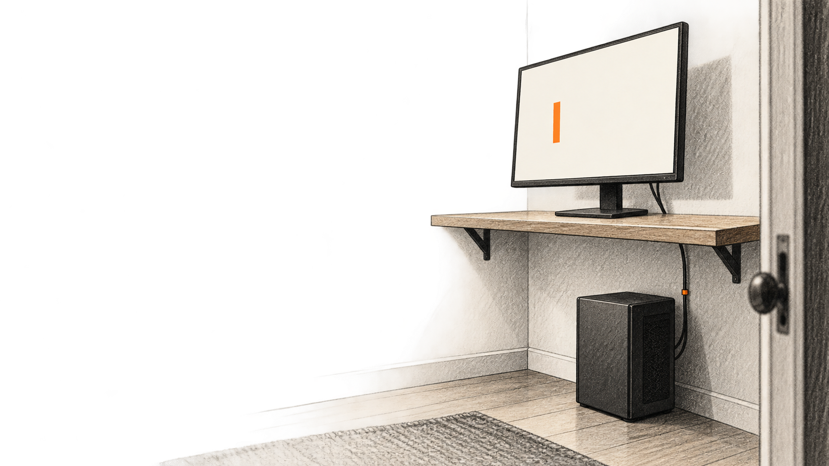 Conceptual charcoal illustration of a closed desktop computer connected to a monitor showing a single orange block cursor in an otherwise empty room.