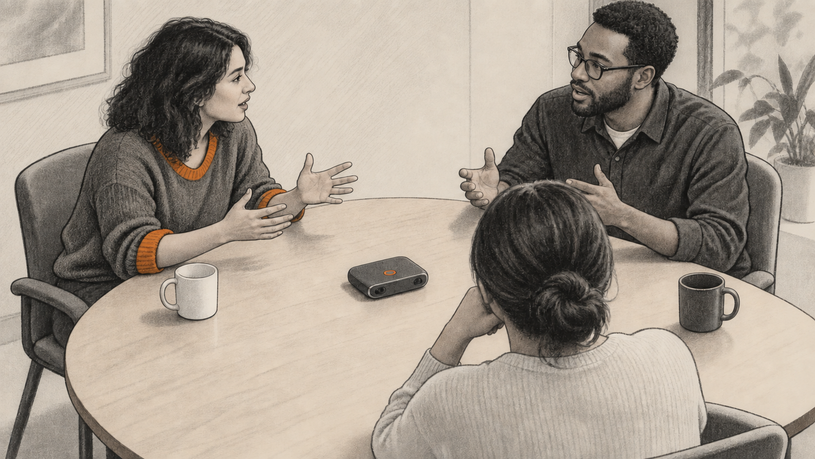 Conceptual charcoal illustration of three people around a meeting table, with two speaking and a small unbranded audio recorder between them.