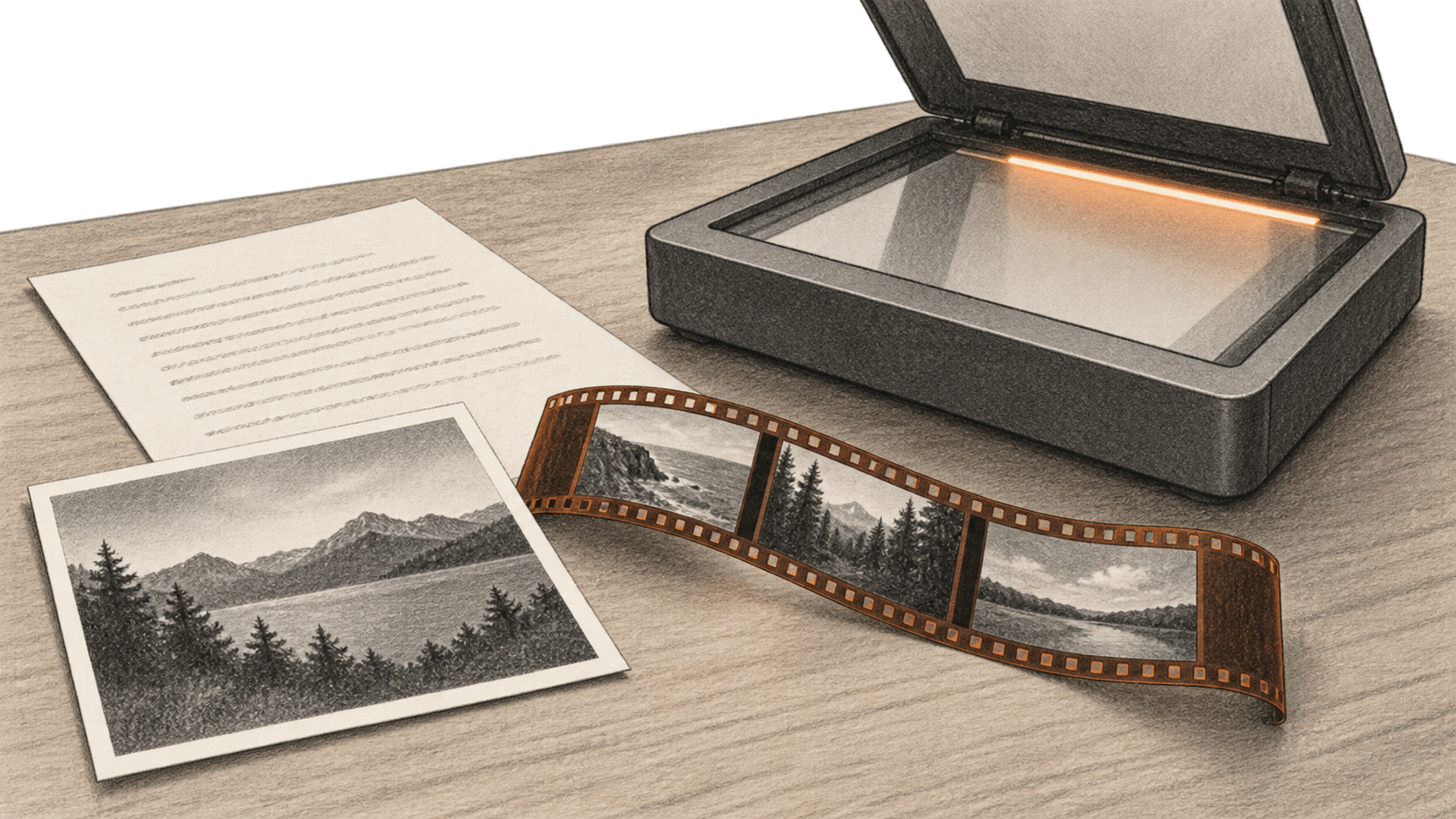 Conceptual charcoal illustration of a landscape photograph, a printed page and three film frames beside an open unbranded flatbed scanner.