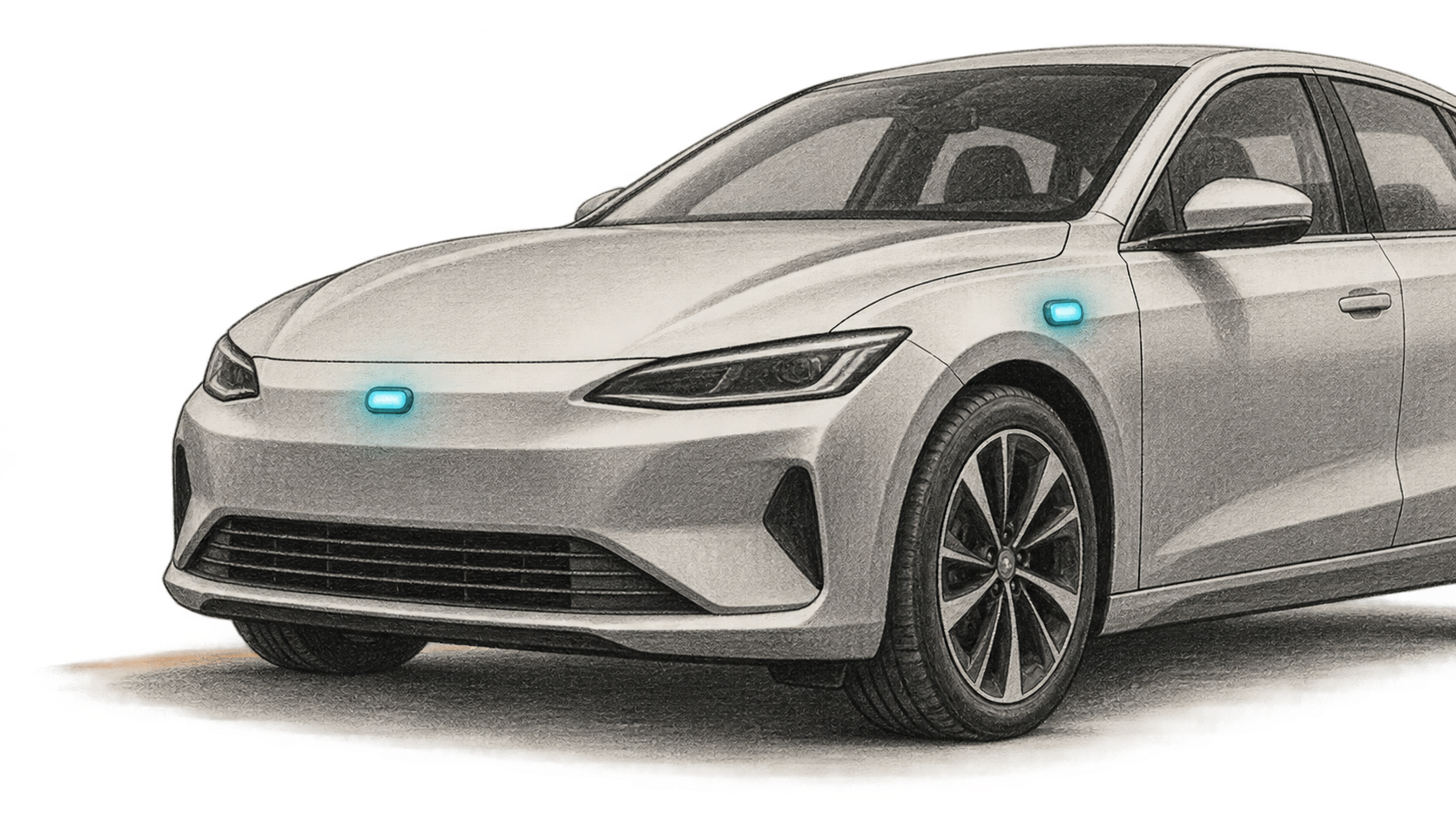 Conceptual charcoal illustration of an unbranded car front quarter with separate small cyan lamps on the front centerline and visible side.