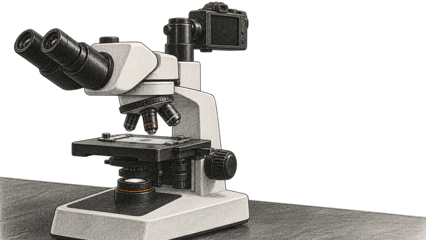 Conceptual charcoal illustration of an unbranded light microscope with a camera mounted above a clear slide.
