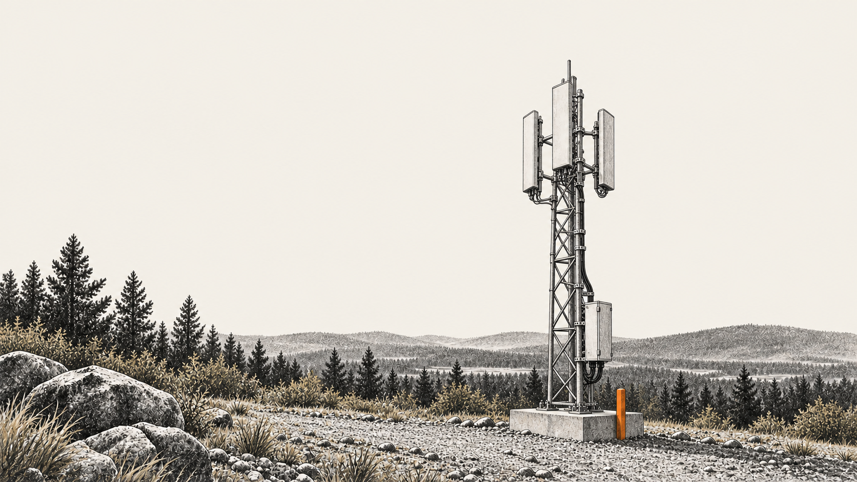 Conceptual charcoal illustration of a generic cellular mast with three antenna panels, a closed equipment enclosure and a concrete footing in an outdoor landscape.