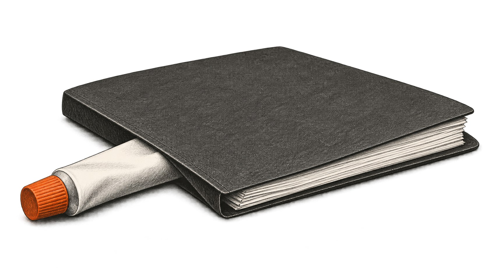 Conceptual charcoal illustration of a capped, unbranded topical medicine tube partly beneath a closed dark folder.