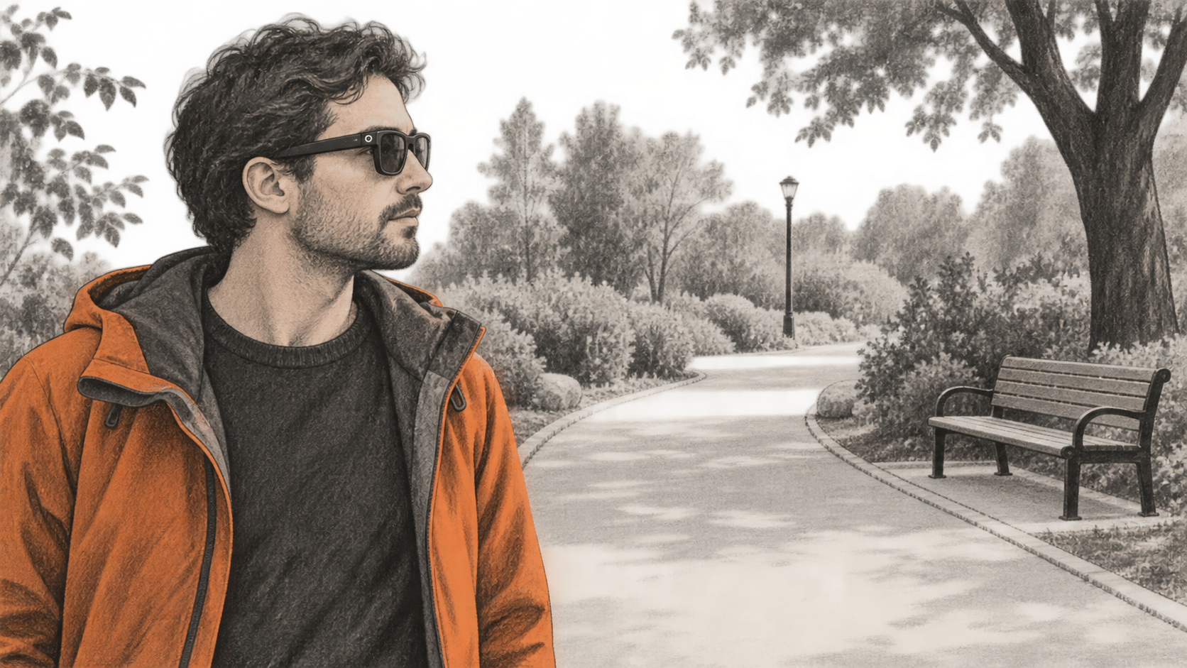Conceptual charcoal illustration of one person wearing camera-equipped smart glasses on an empty park path beside a bench.