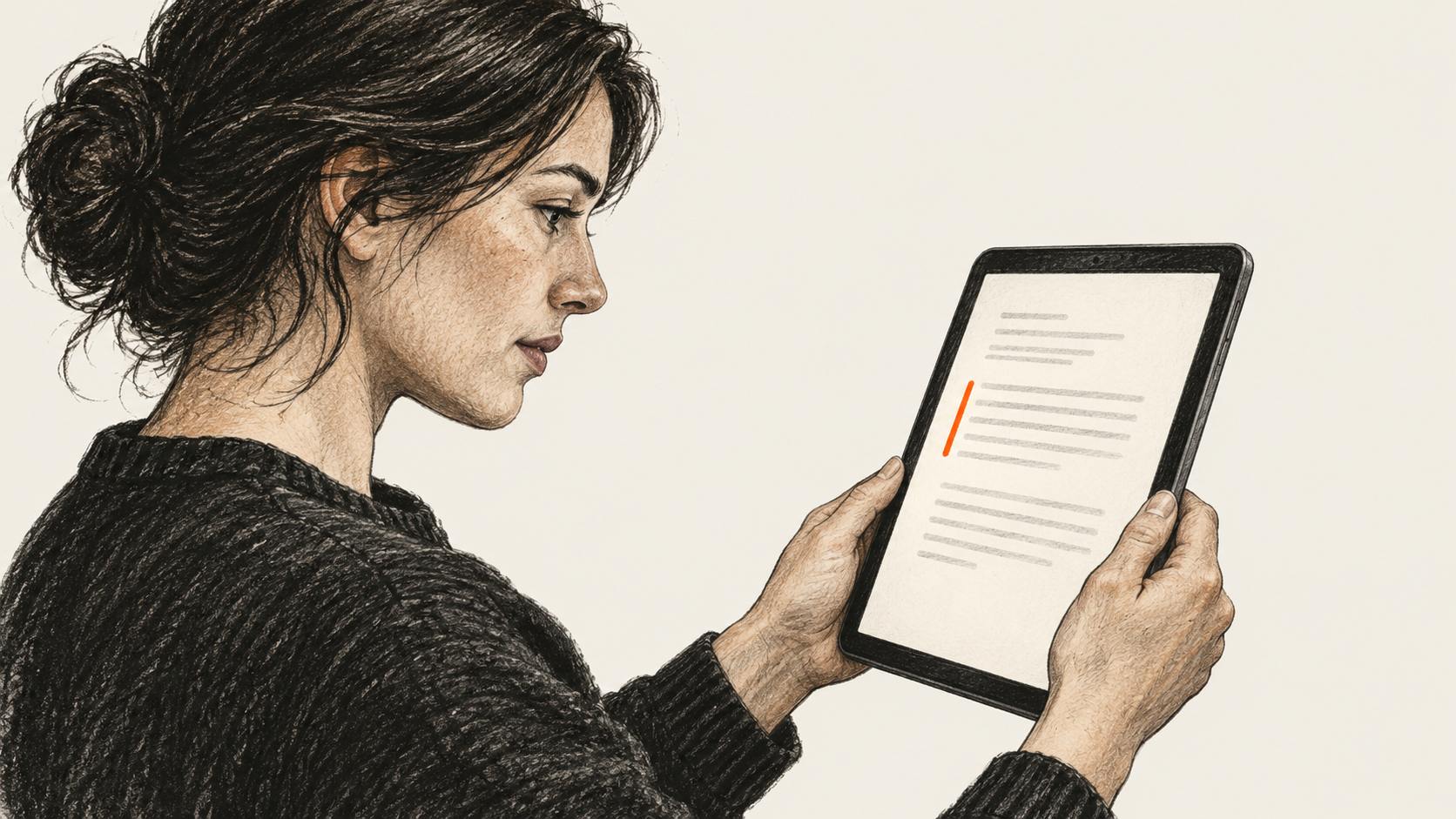 Conceptual charcoal illustration of one person reading an unreadable message draft on a handheld tablet.