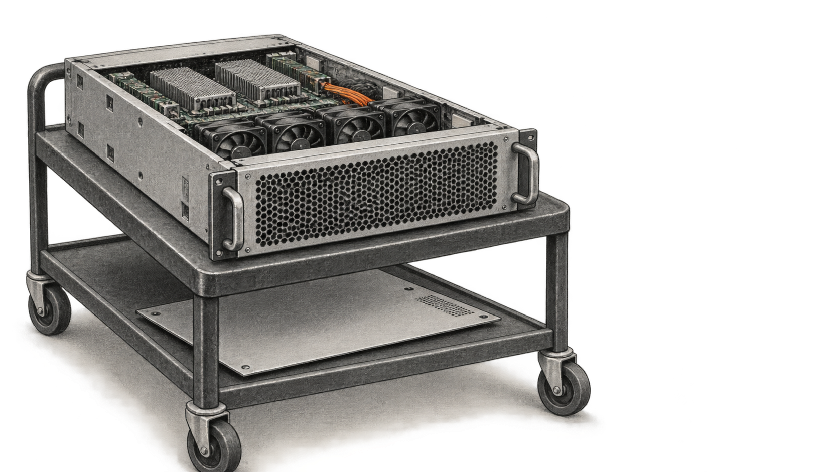 Conceptual charcoal illustration of an unbranded compute module with its cover removed, resting on a wheeled service cart.