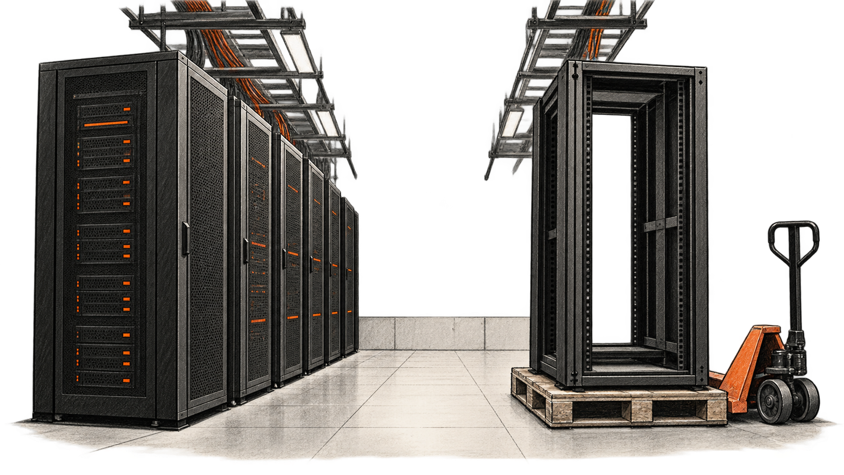 A row of installed server cabinets faces an empty cabinet frame on a pallet beside a pallet jack.