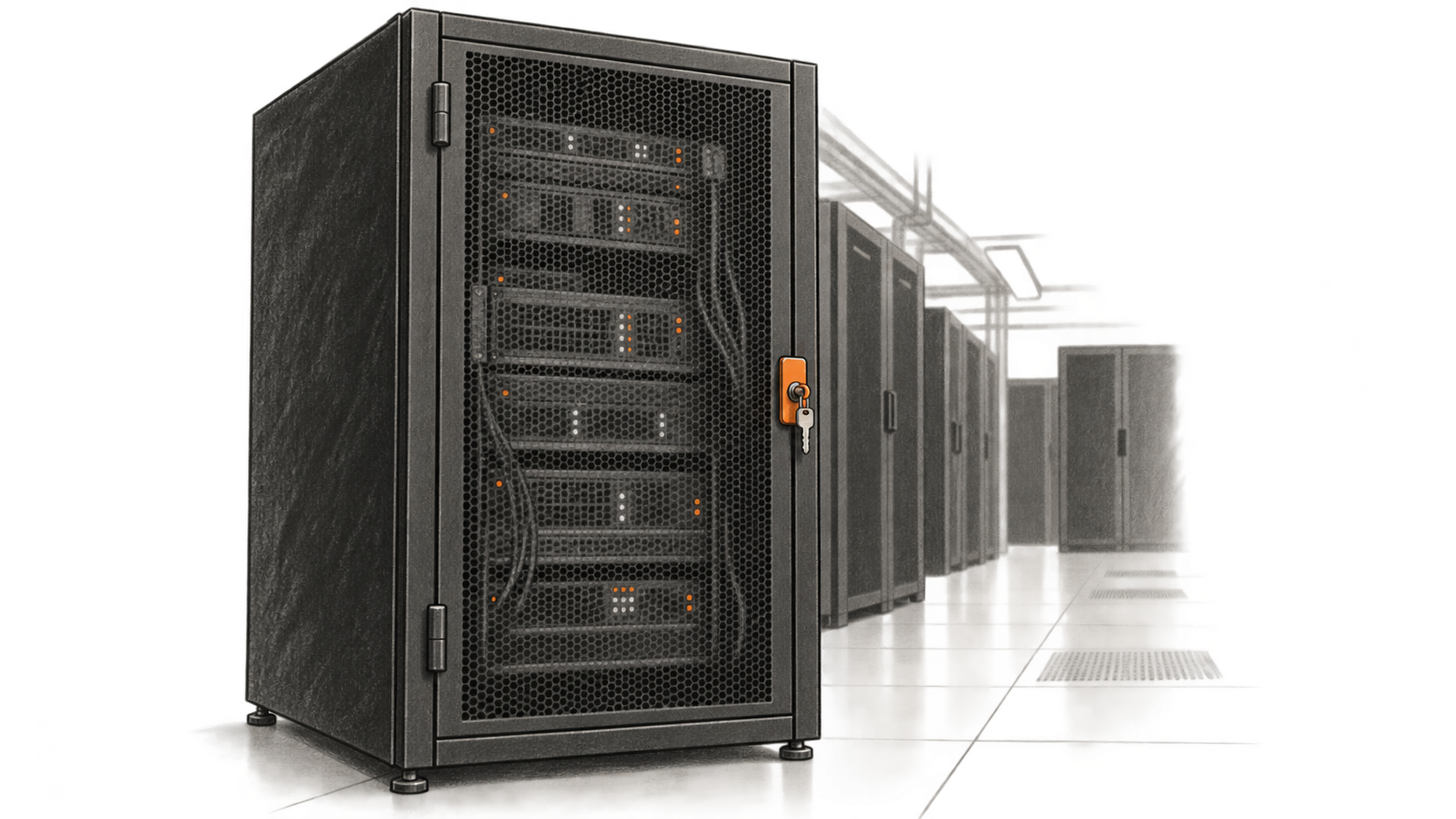 Conceptual charcoal illustration of a closed mesh-front server cabinet with an orange keyed latch in a data-center aisle.