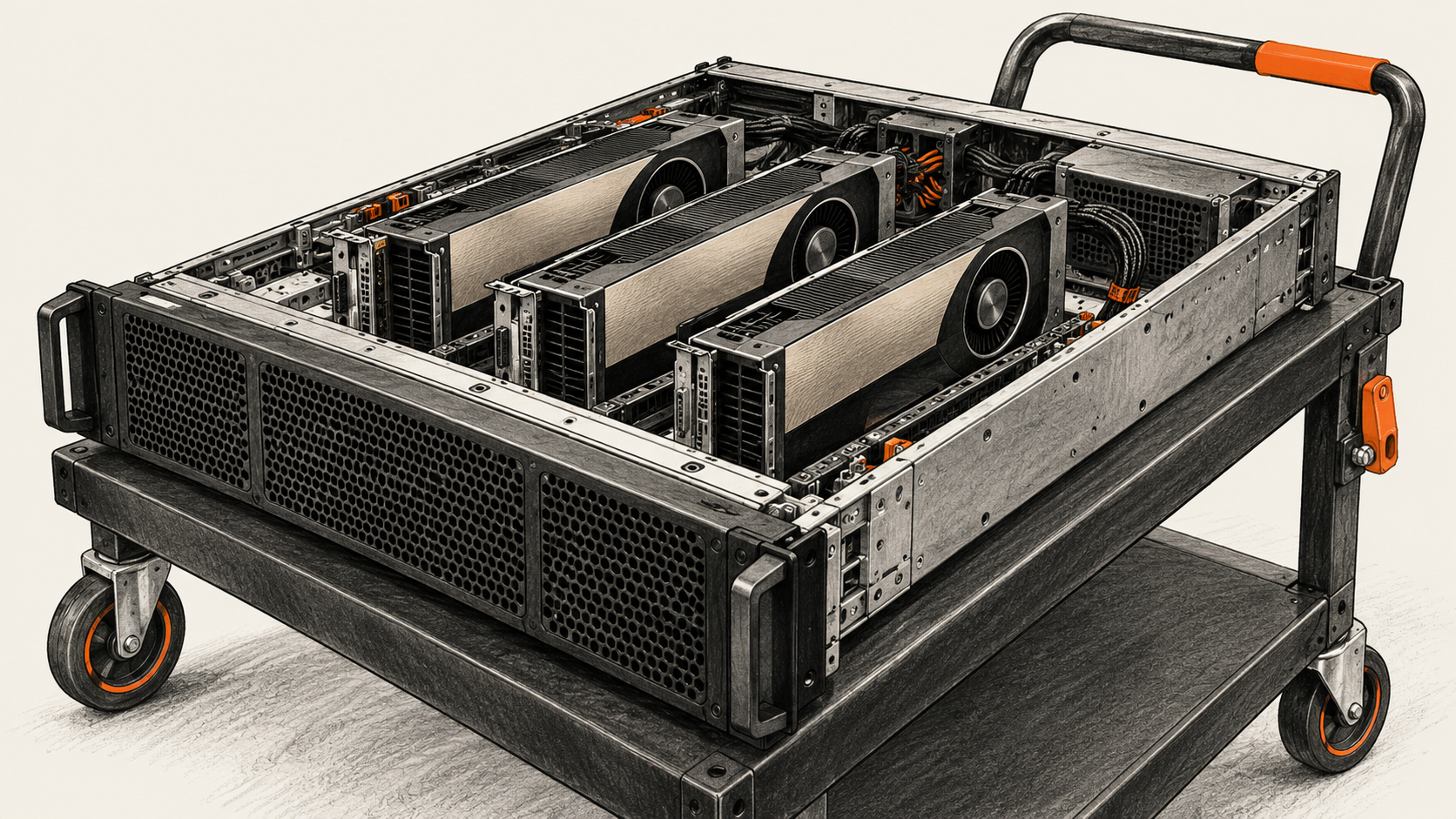 Conceptual charcoal illustration of three unbranded accelerator cards mounted in an open server chassis on a service trolley.