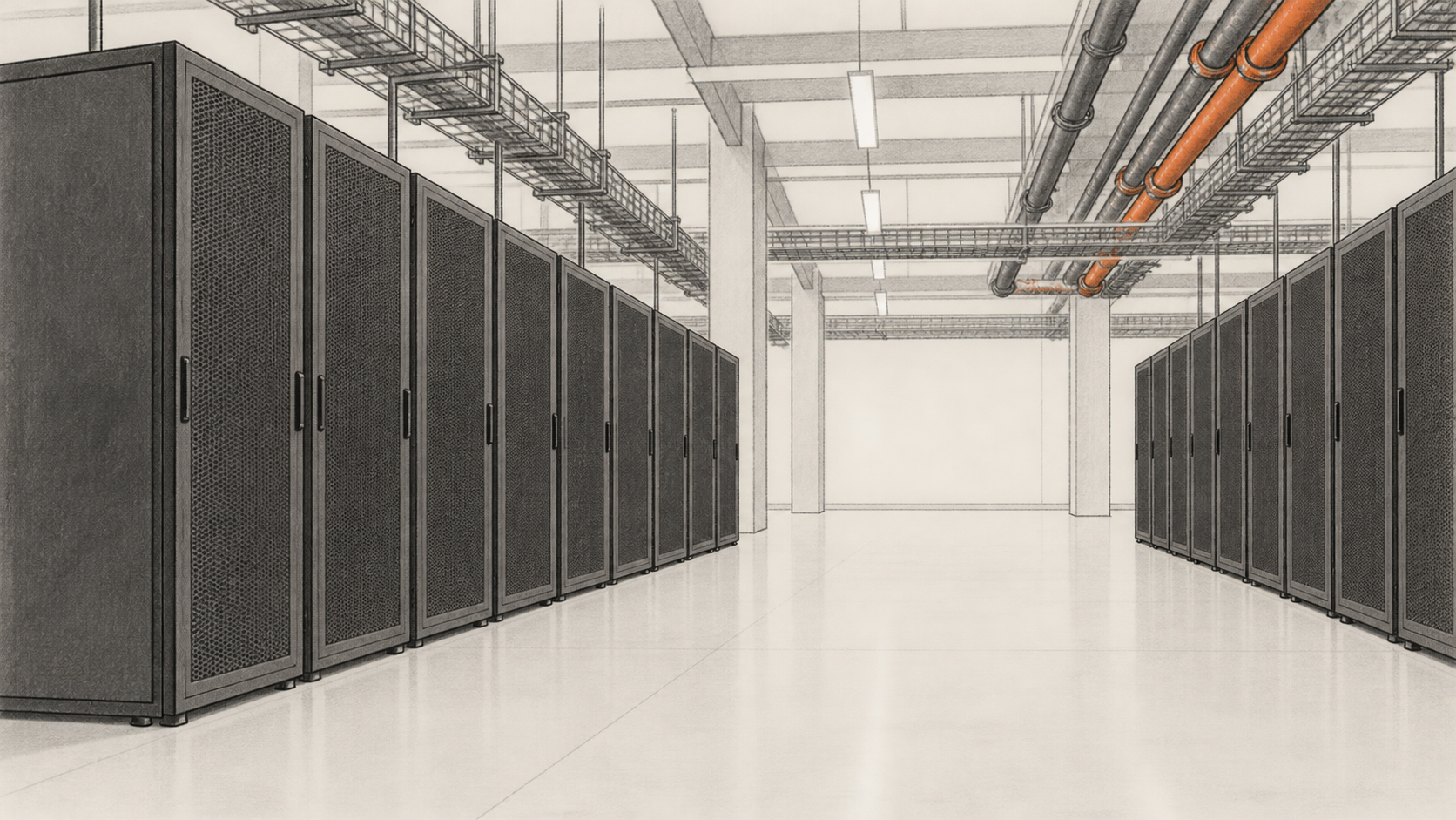 Illustrative charcoal view down a broad aisle between two rows of generic data-center cabinets, with overhead cable trays and pipes.