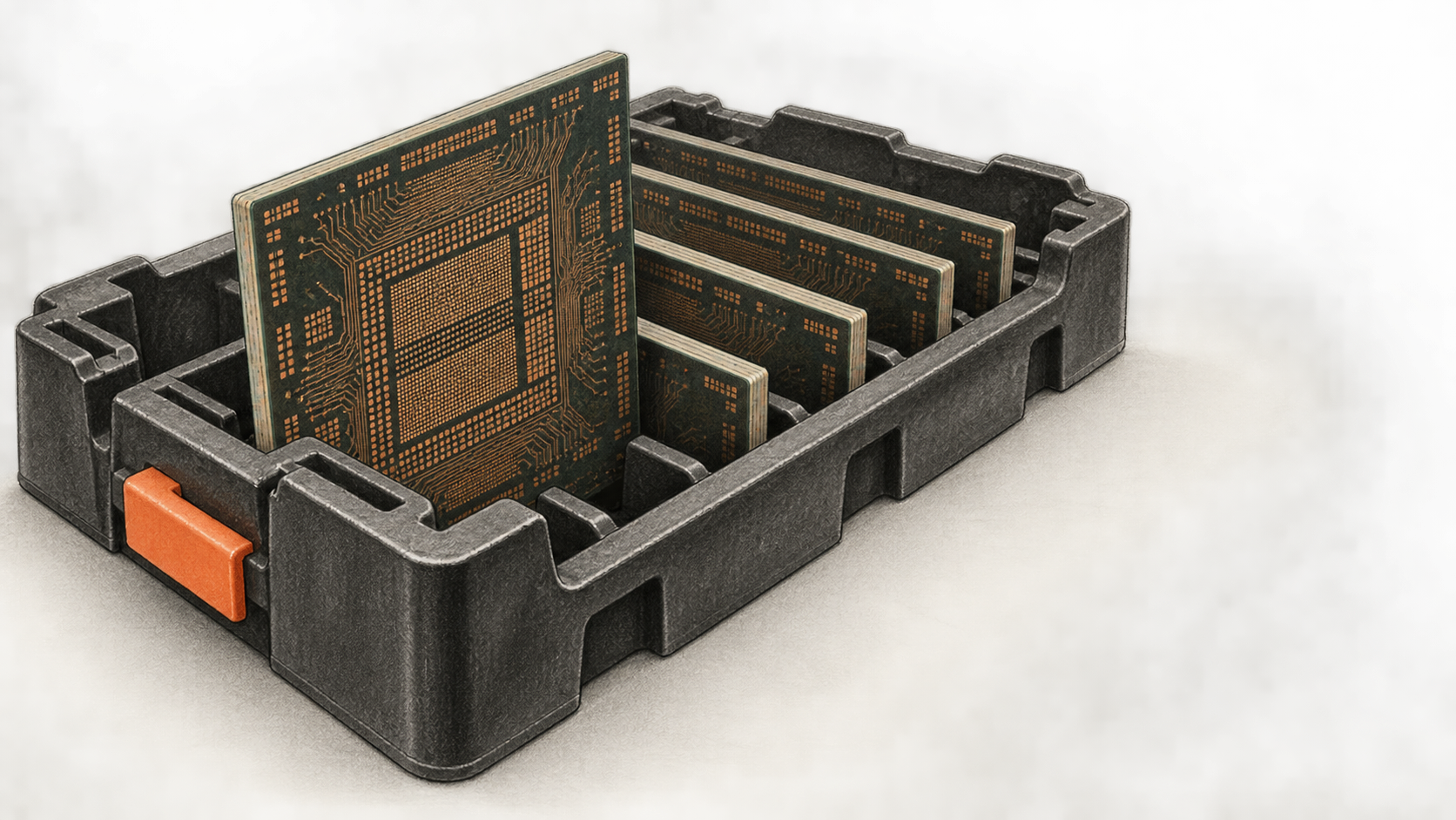 Conceptual charcoal illustration of unbranded package substrates standing in slots of a dark handling carrier, with one orange carrier tab.