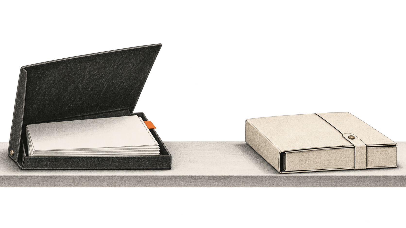 Conceptual charcoal illustration of an open portfolio containing blank pages, separated by a gap from a closed, unmarked folio on a shelf.