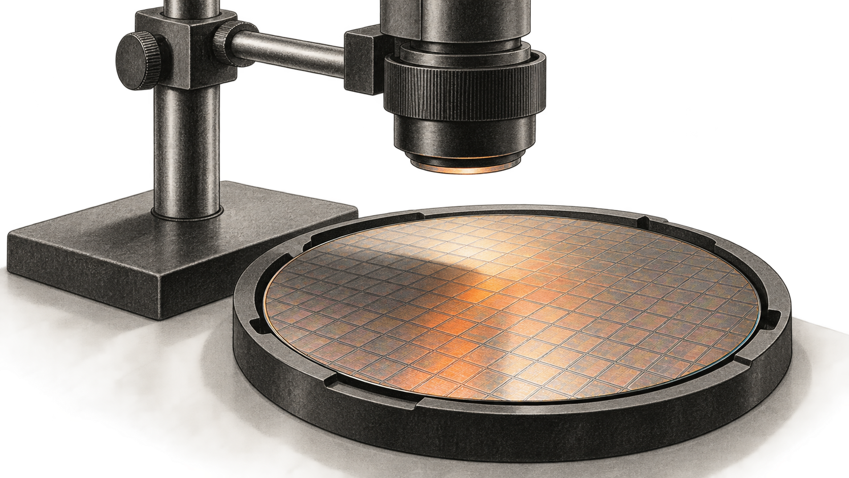 Conceptual charcoal illustration of a silicon wafer in a tray beneath an optical inspection lens on a workbench.