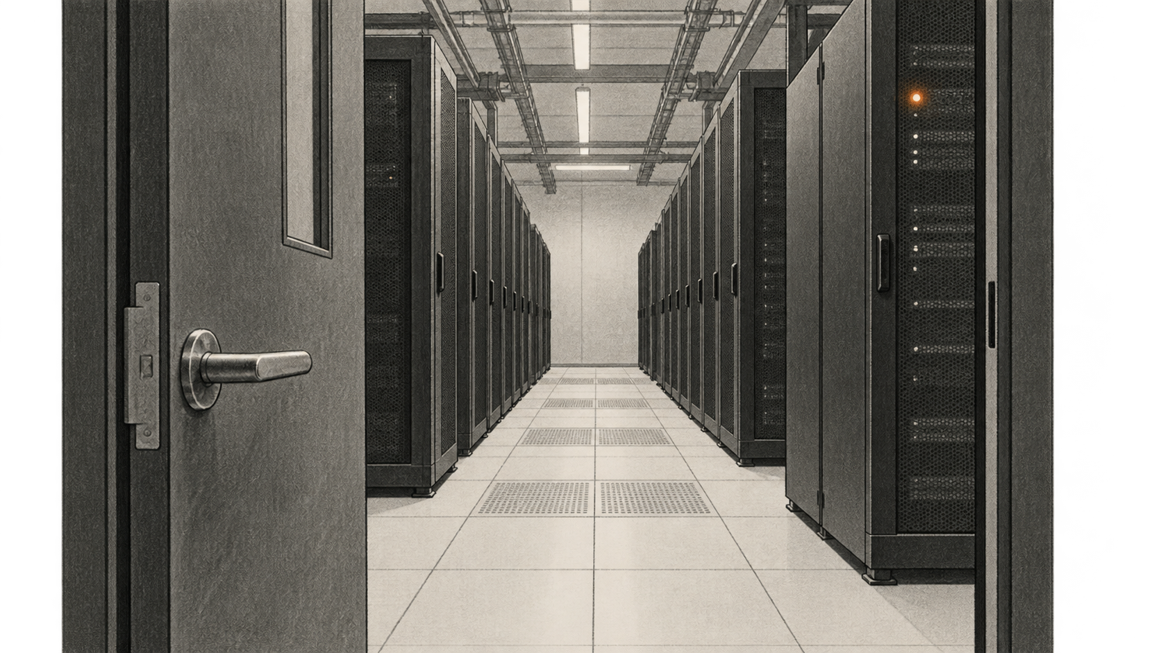 Conceptual charcoal illustration of an open doorway looking down an aisle between generic data-centre racks.