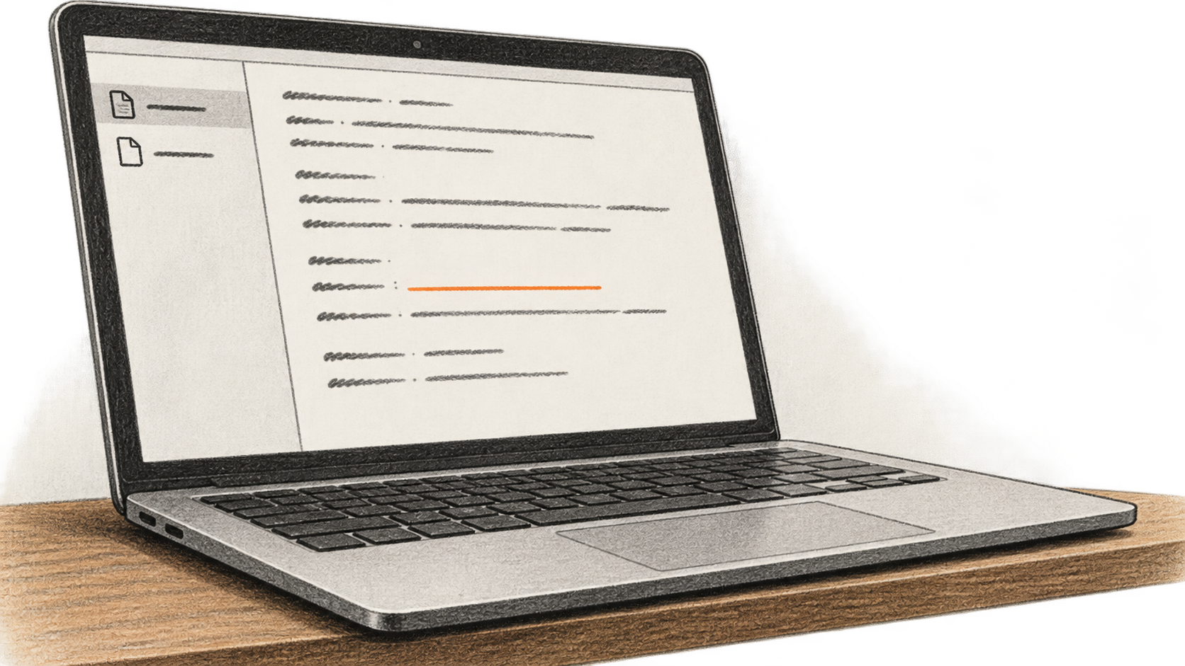 Conceptual charcoal illustration of an angled laptop showing two generic file entries and a plain text record with one empty orange-underlined field.