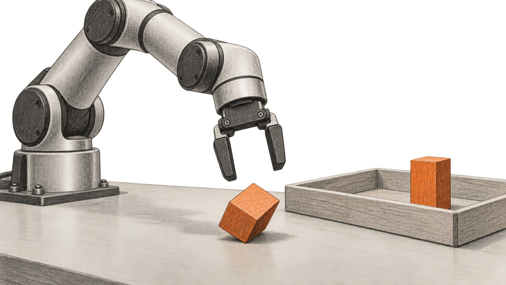 A conceptual robotic arm with an open gripper above a tipped orange block beside a shallow tray holding an upright block.
