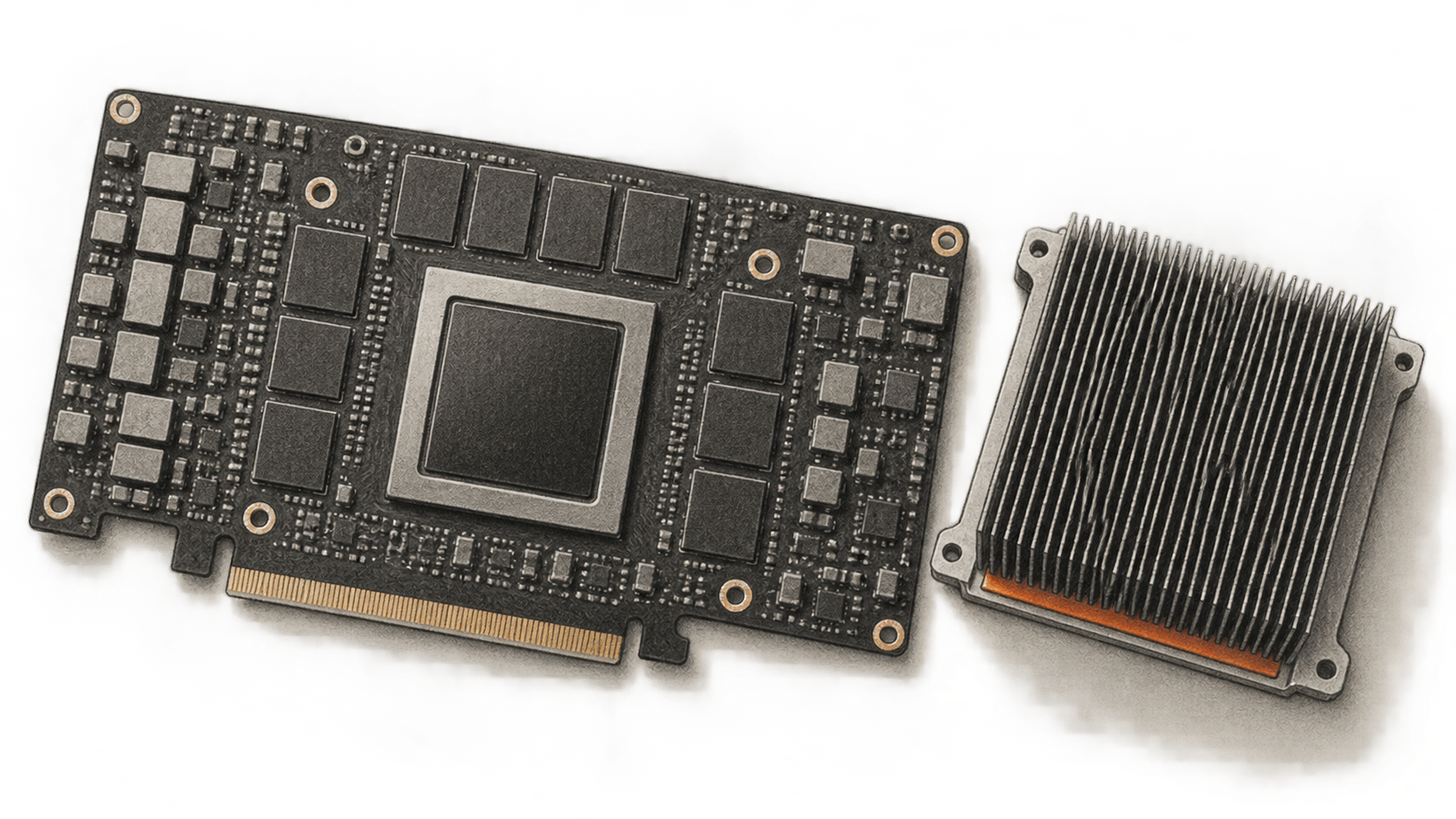 Conceptual charcoal illustration of an unbranded accelerator circuit board beside its separate finned heat sink.
