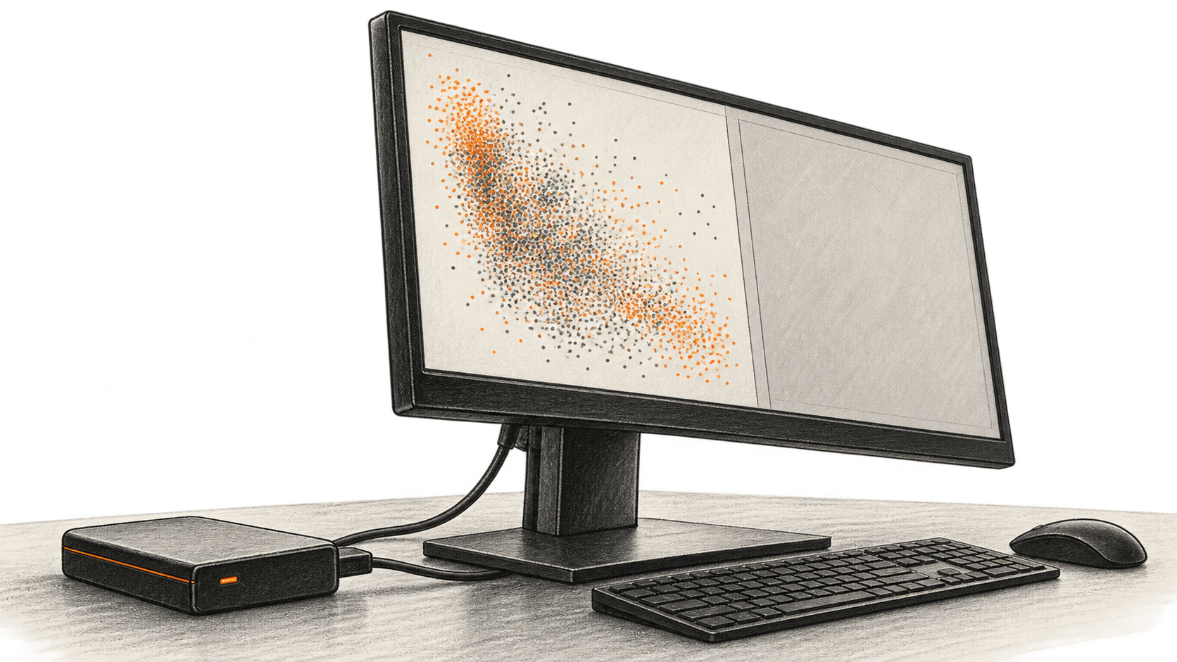 Conceptual charcoal illustration of an unbranded workstation with abstract dots on its monitor and an external drive beside it.