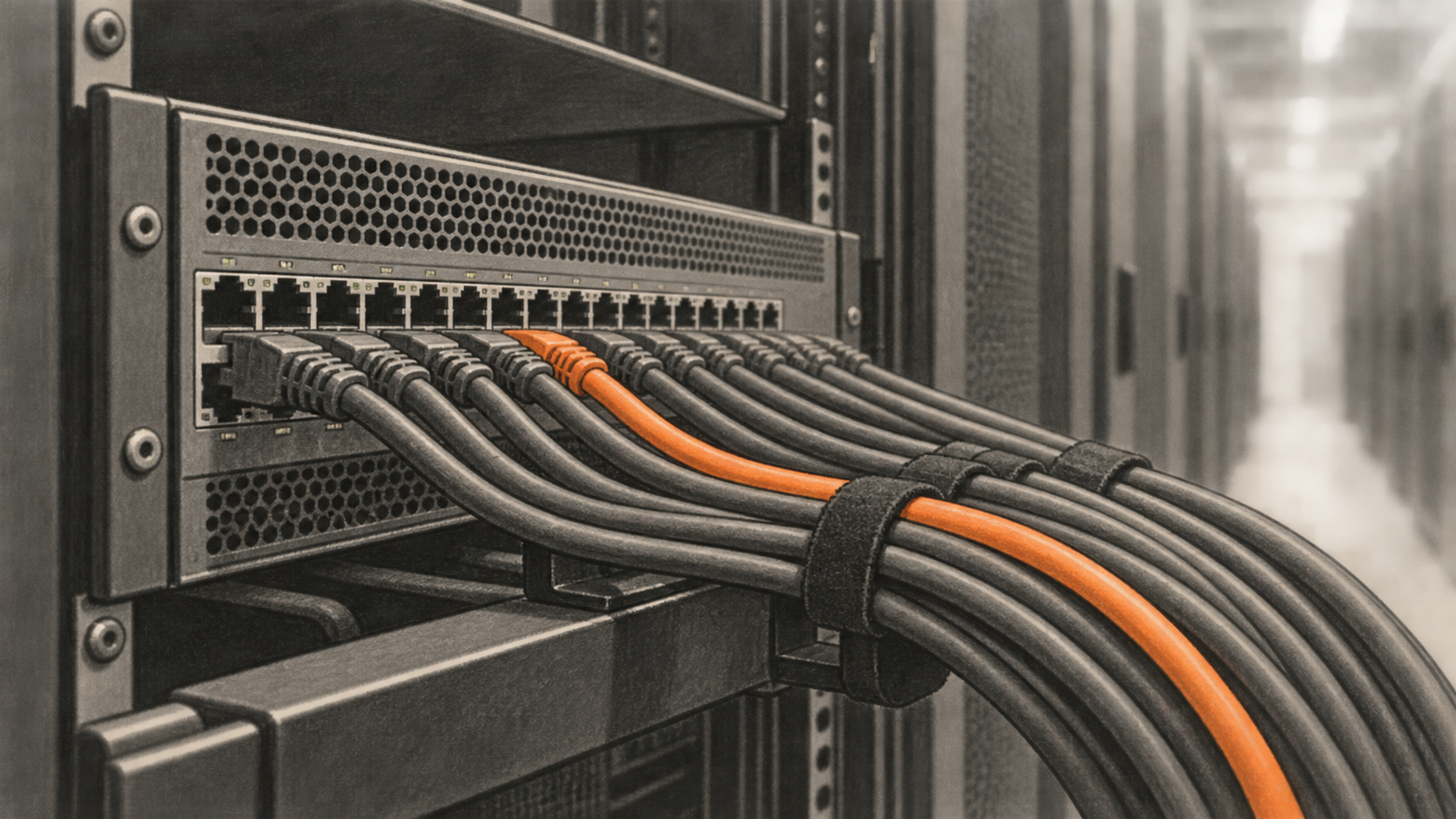Conceptual charcoal illustration of network cables connected to a rack-mounted switch, with one orange cable among dark cables.