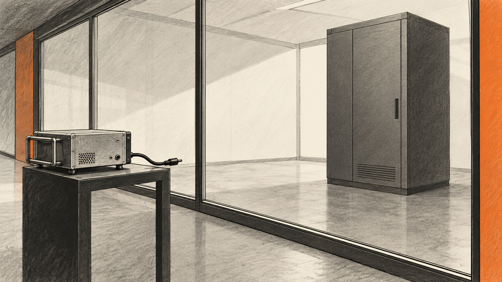 An unpowered measurement instrument sits outside a glass partition, separated from a closed, unmarked equipment cabinet.