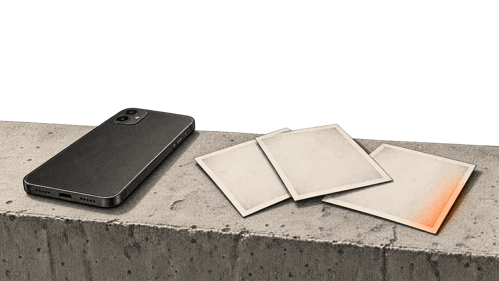 Conceptual charcoal illustration of a face-down smartphone beside three blank, face-down photographic prints on a stone ledge.