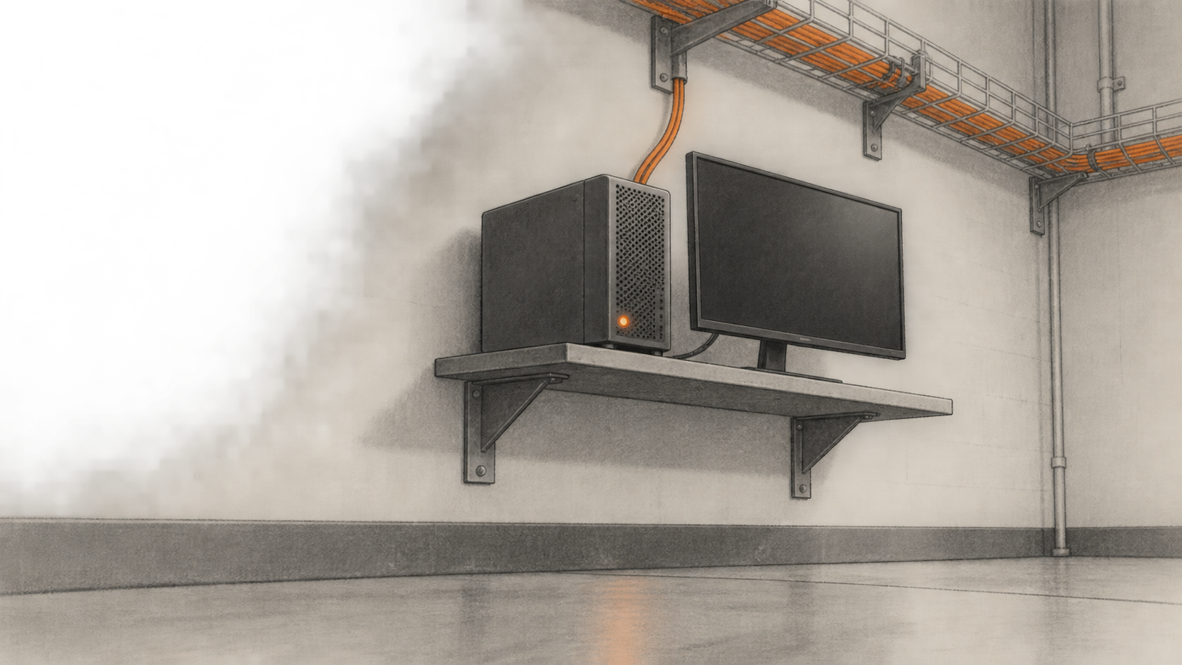Conceptual charcoal illustration of a powered computer and blank monitor on a wall shelf, with a cable routed through an overhead tray in an empty workroom.