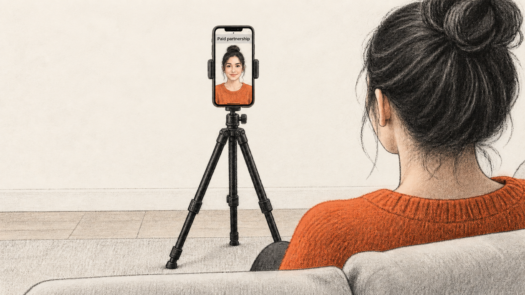 Over a creator's shoulder, a smartphone on a full tripod faces her on a sofa, with Paid partnership at the top of its screen.