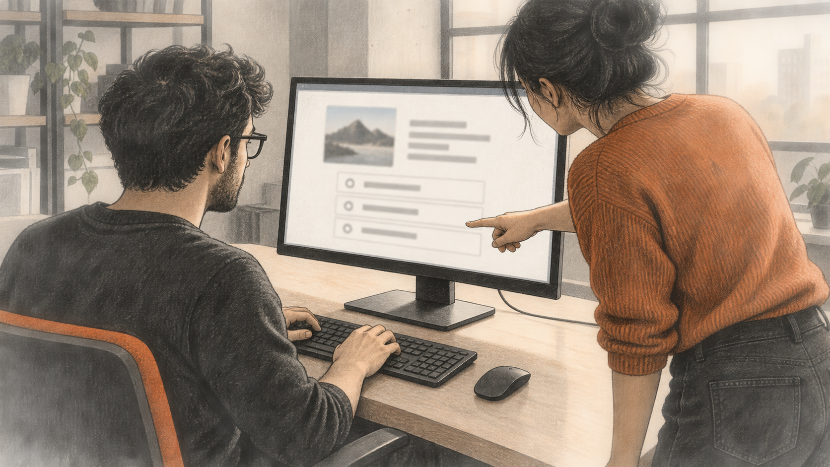 Conceptual illustration of two developers at one desktop workstation reviewing an image, text context and three unlabeled possible choices on a generic screen.