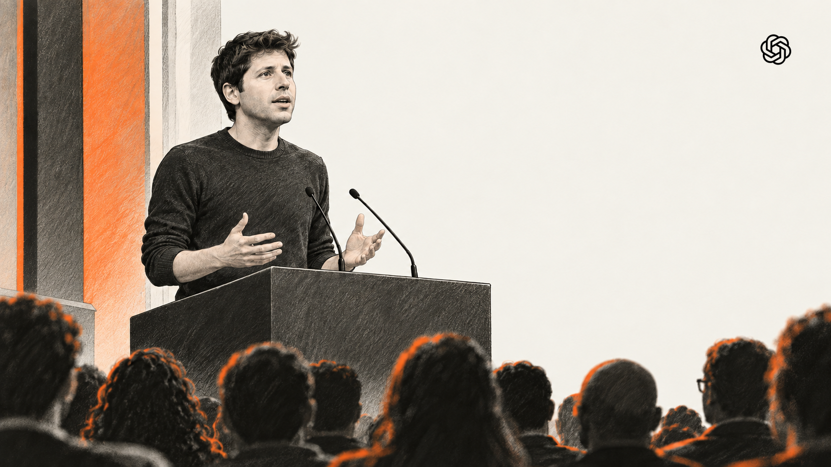 An editorial illustration of Sam Altman speaking at a lectern before an audience, with the official OpenAI symbol.
