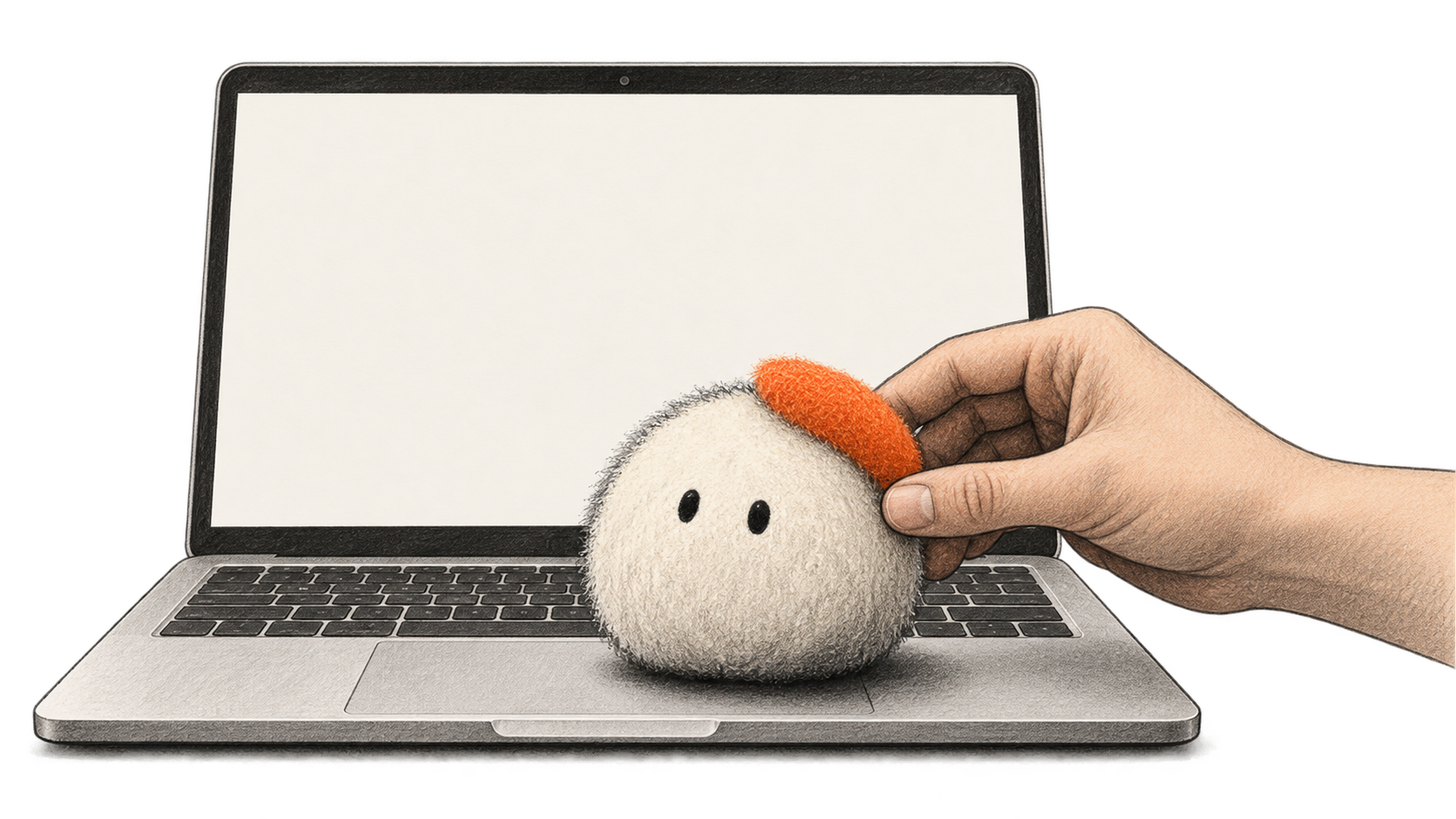 A hand places a small fuzzy, two-eyed Dot-like character on an open laptop with a blank screen, in a charcoal and ink illustration.