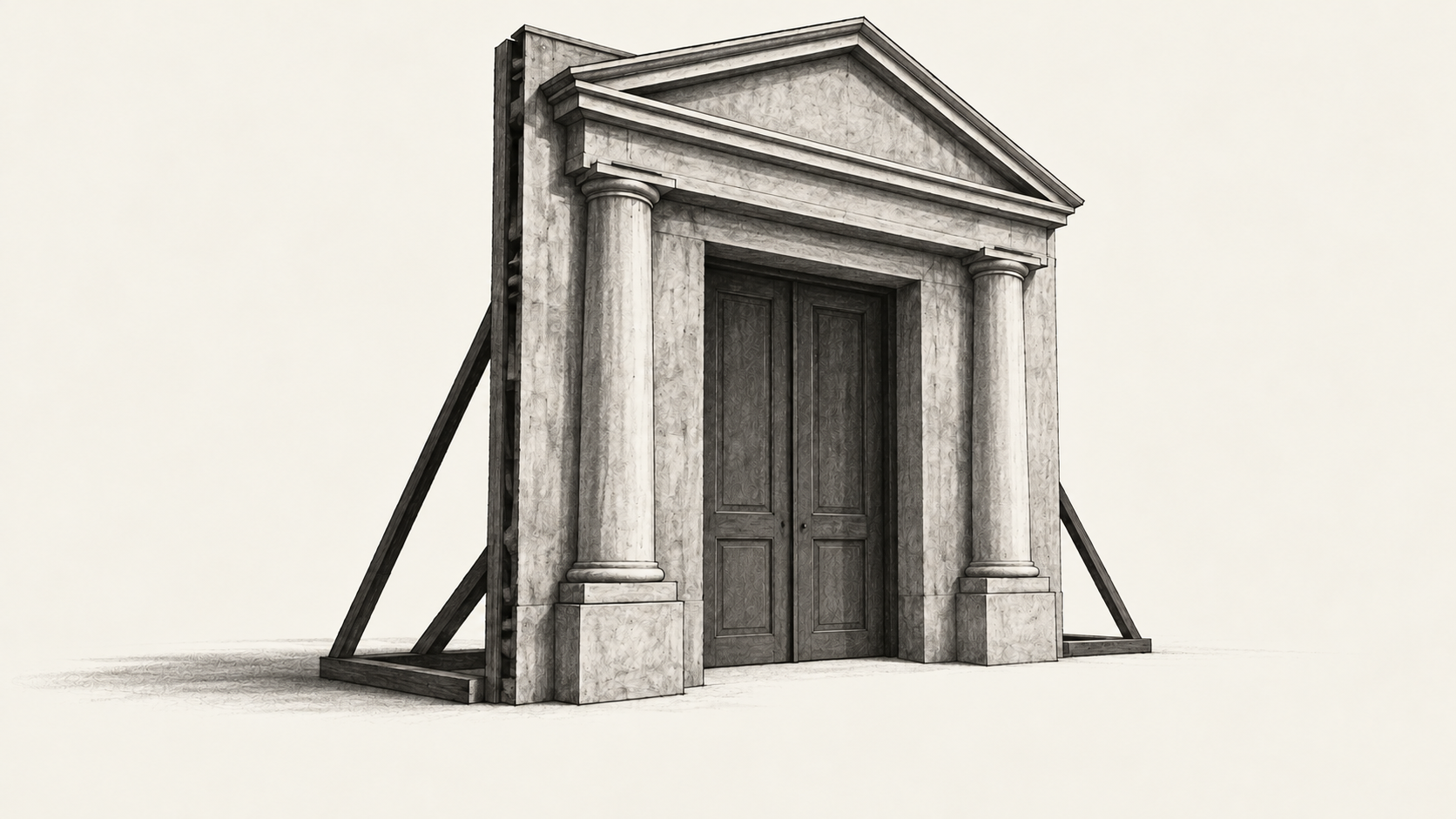 A shallow, unmarked stone facade stands alone, with its plain support braces visible behind it.