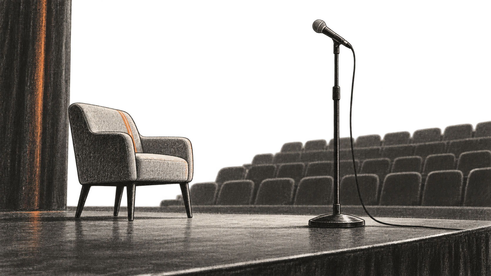 Conceptual charcoal illustration of an empty chair and a floor microphone on an unbranded stage before rows of seats.