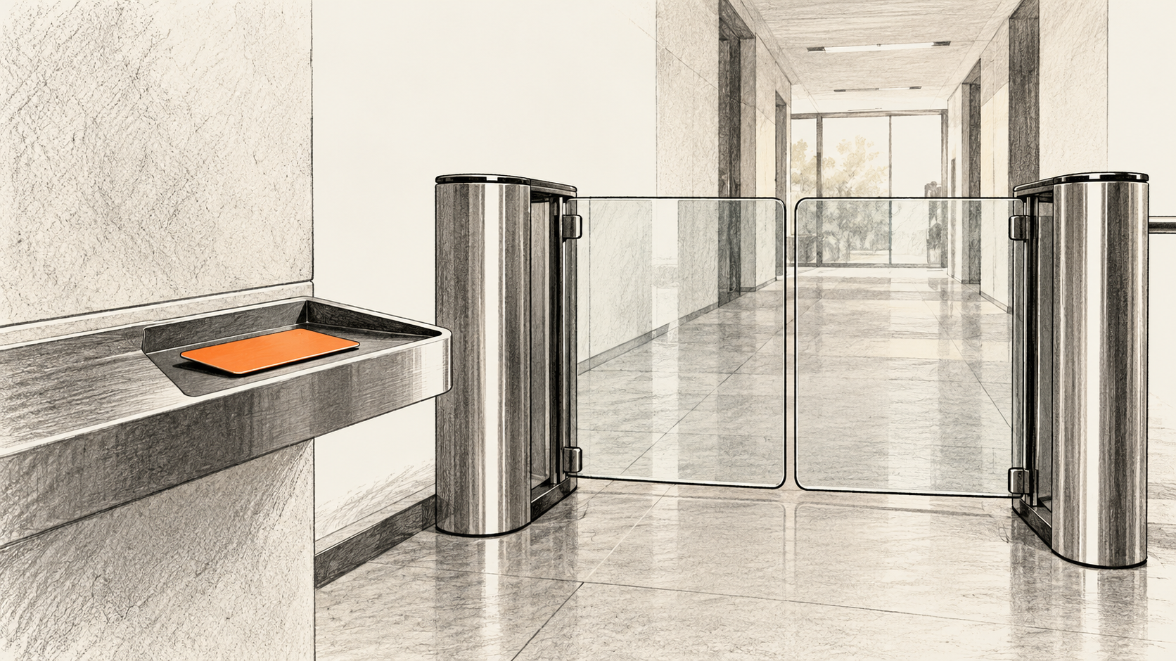 AI-generated conceptual charcoal illustration of a closed glass office turnstile, with one orange access card resting on a tray on the public side.