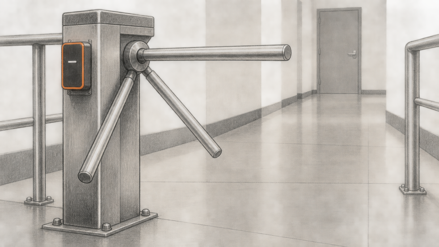 An empty corridor blocked by a metal turnstile with an attached card reader.