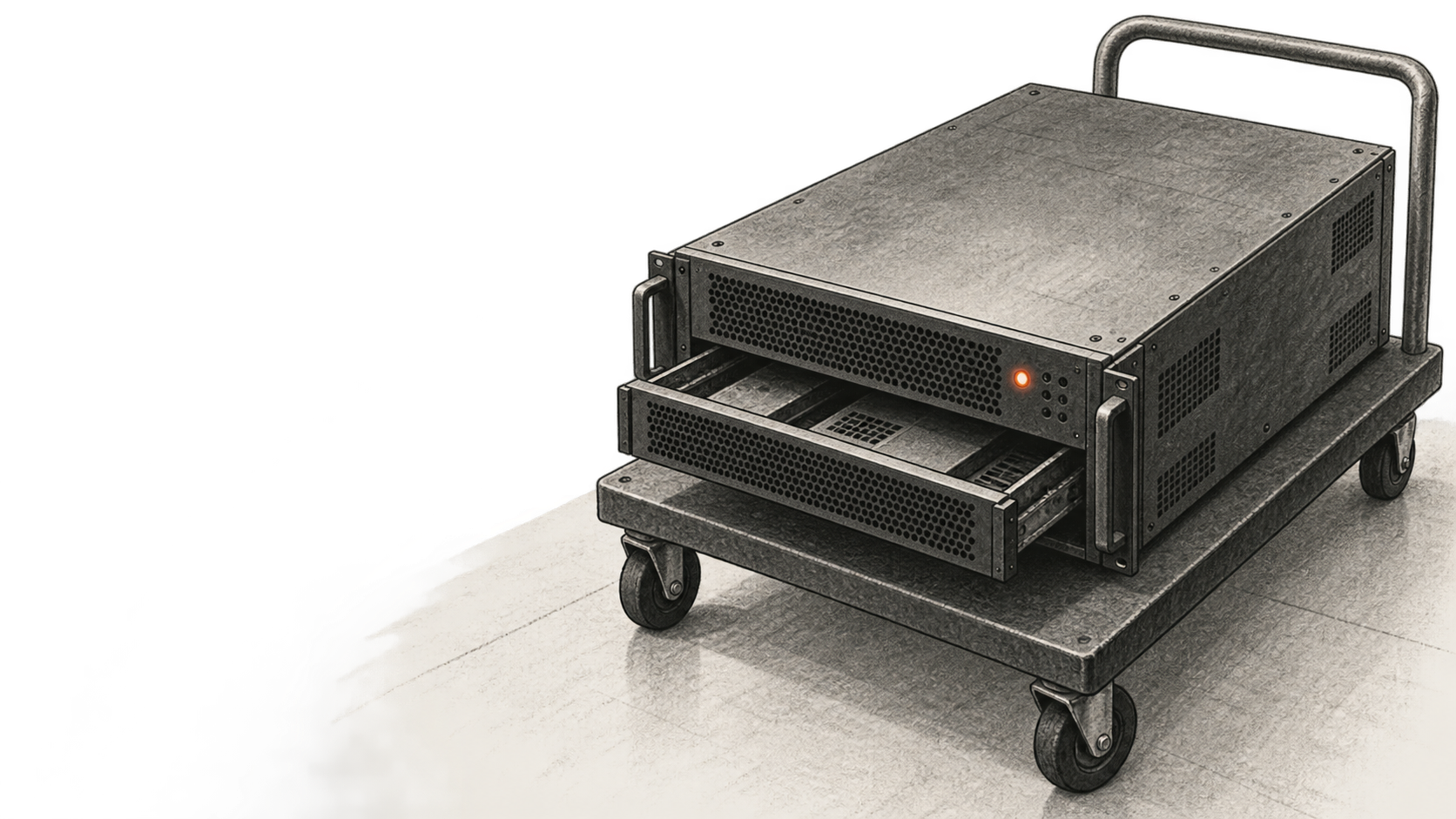 Conceptual charcoal illustration of an unbranded computer chassis on a wheeled service trolley, with an open drawer and one orange status light.