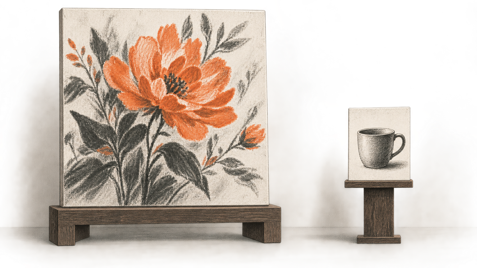 Conceptual illustration of a large flower image canvas and a smaller product card on separate stands, with a clear gap between them.