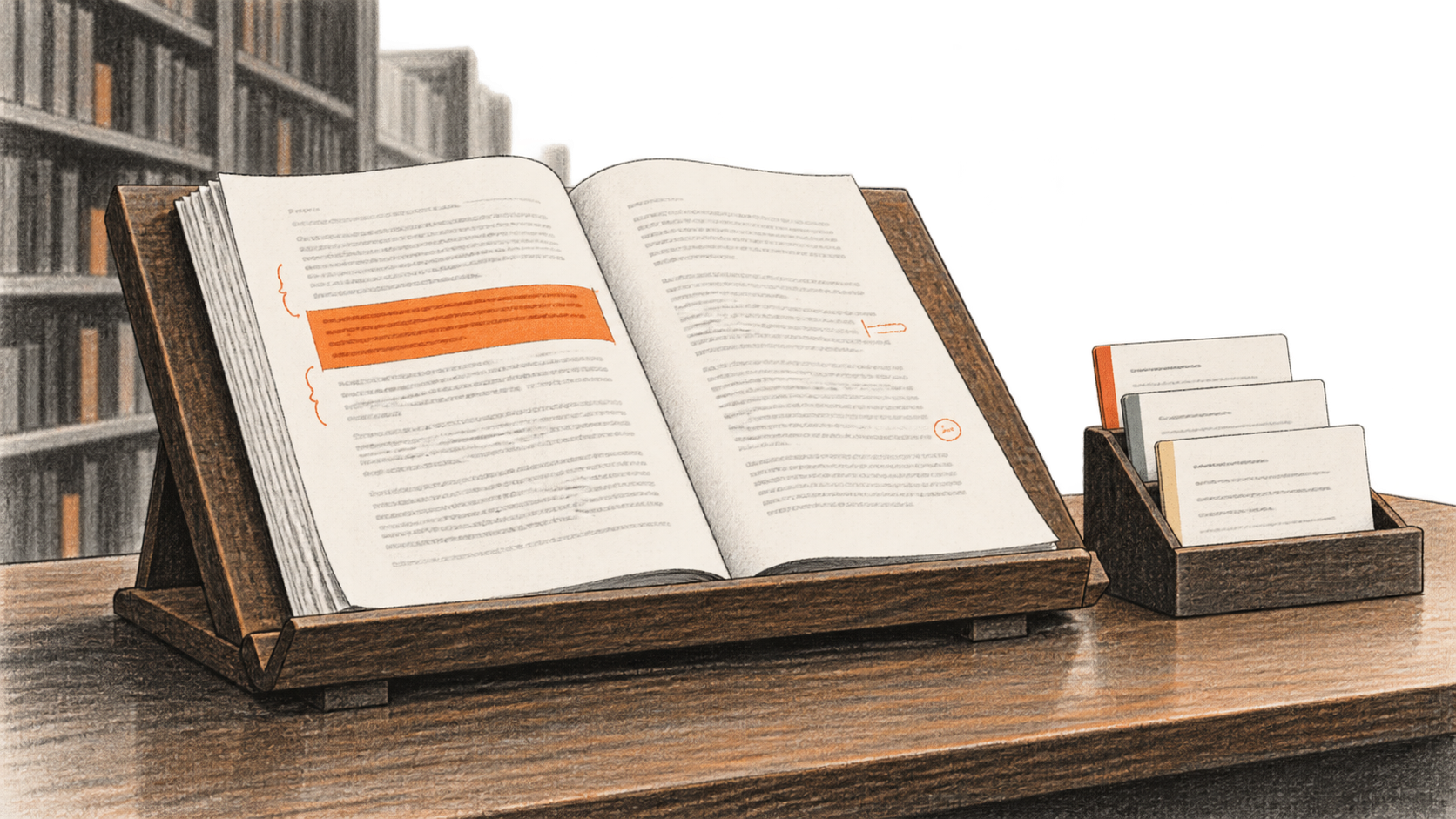 Conceptual charcoal illustration of an open manuscript with an orange revised passage on a reading stand, beside a separate box of reference cards.