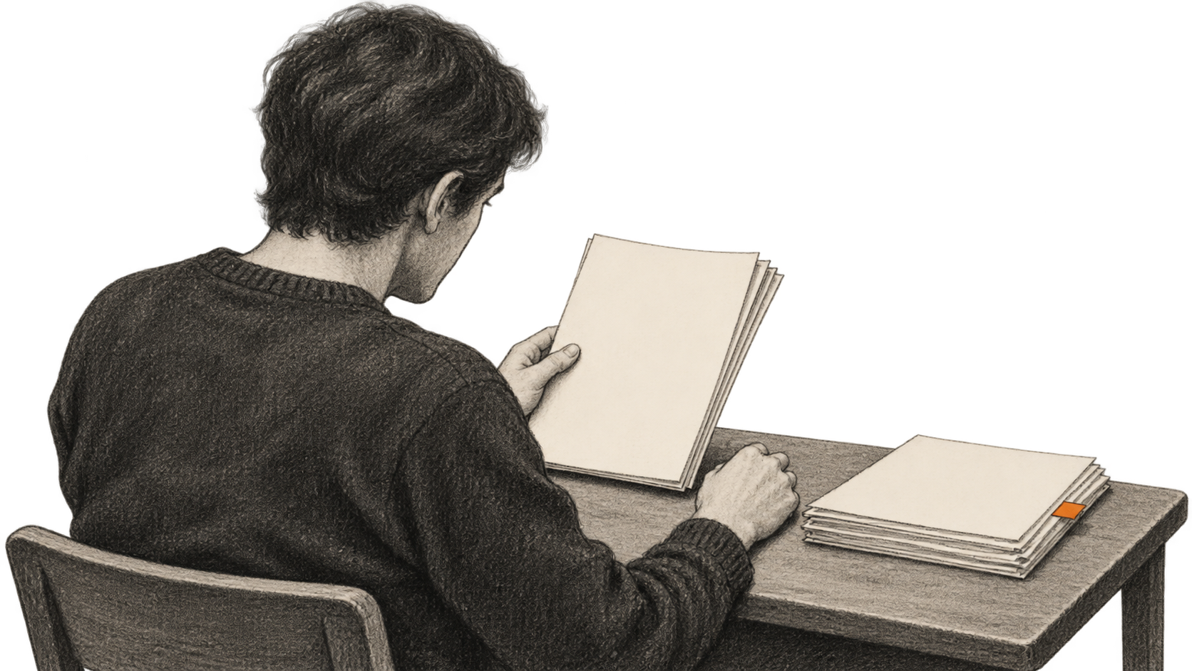 Charcoal concept illustration of one reader holding loose manuscript folios, seen from behind, beside a second stack with an orange tab.