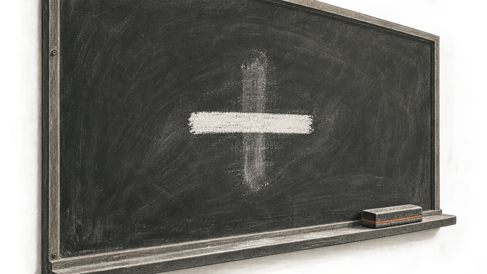 A plain wall-mounted blackboard bears a single minus sign over a faint, partly erased plus-shaped chalk mark; a small eraser rests on its attached ledge.