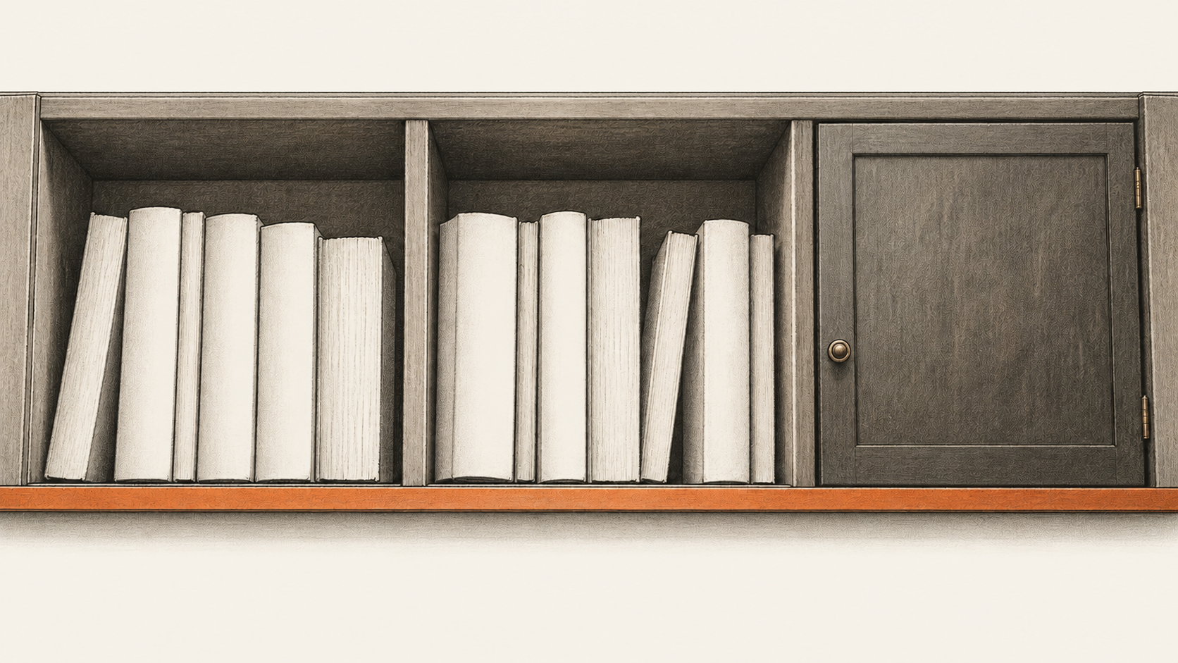 Two open shelves hold blank volumes beside a closed cabinet door.