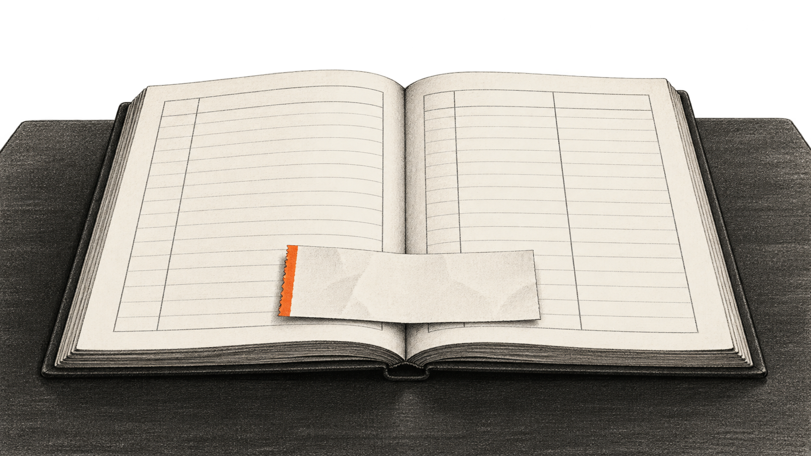 Conceptual charcoal illustration of an open blank accounting ledger with different ruled columns on facing pages and a blank receipt resting across them.