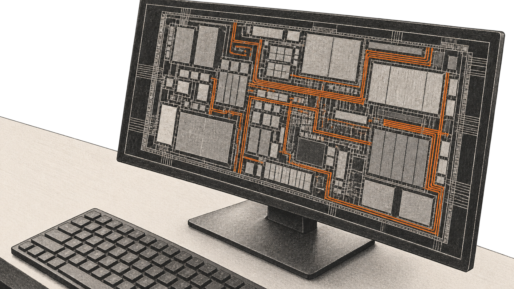 Illustrative charcoal drawing of a chip-design workstation, with a physical monitor showing an unlabeled circuit layout and a keyboard on the desk.