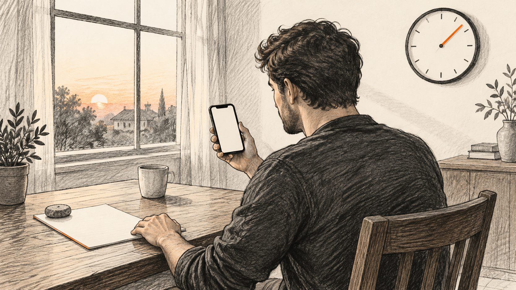 A seated person holds a blank phone beside an unmarked sheet, with a clock on the wall.